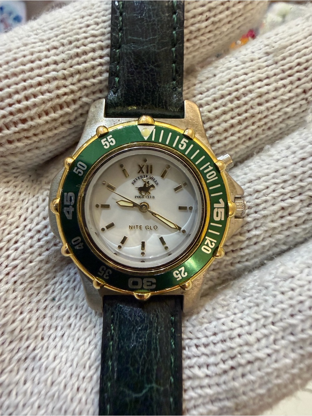 Vintage 90s Beverly Hills Polo Club Nite Glo Watch Green Bezel U-BJ DIF Runs
